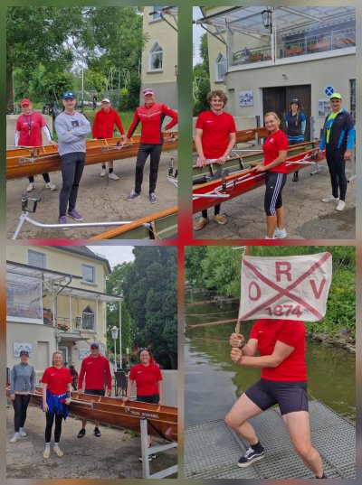 Sechs Personen in roter Kleidung am Ruderclub, sie bereiten Ruderboote vor und halten ein Banner. Sechs Personen in roter Kleidung am Ruderclub, sie bereiten Ruderboote vor und halten ein Banner.
